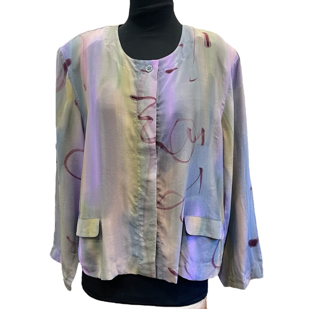 VTG 80s Aliki Yamani Jacket Top Sheer Silk Hidden Buttons Colorful Shoulder Pad